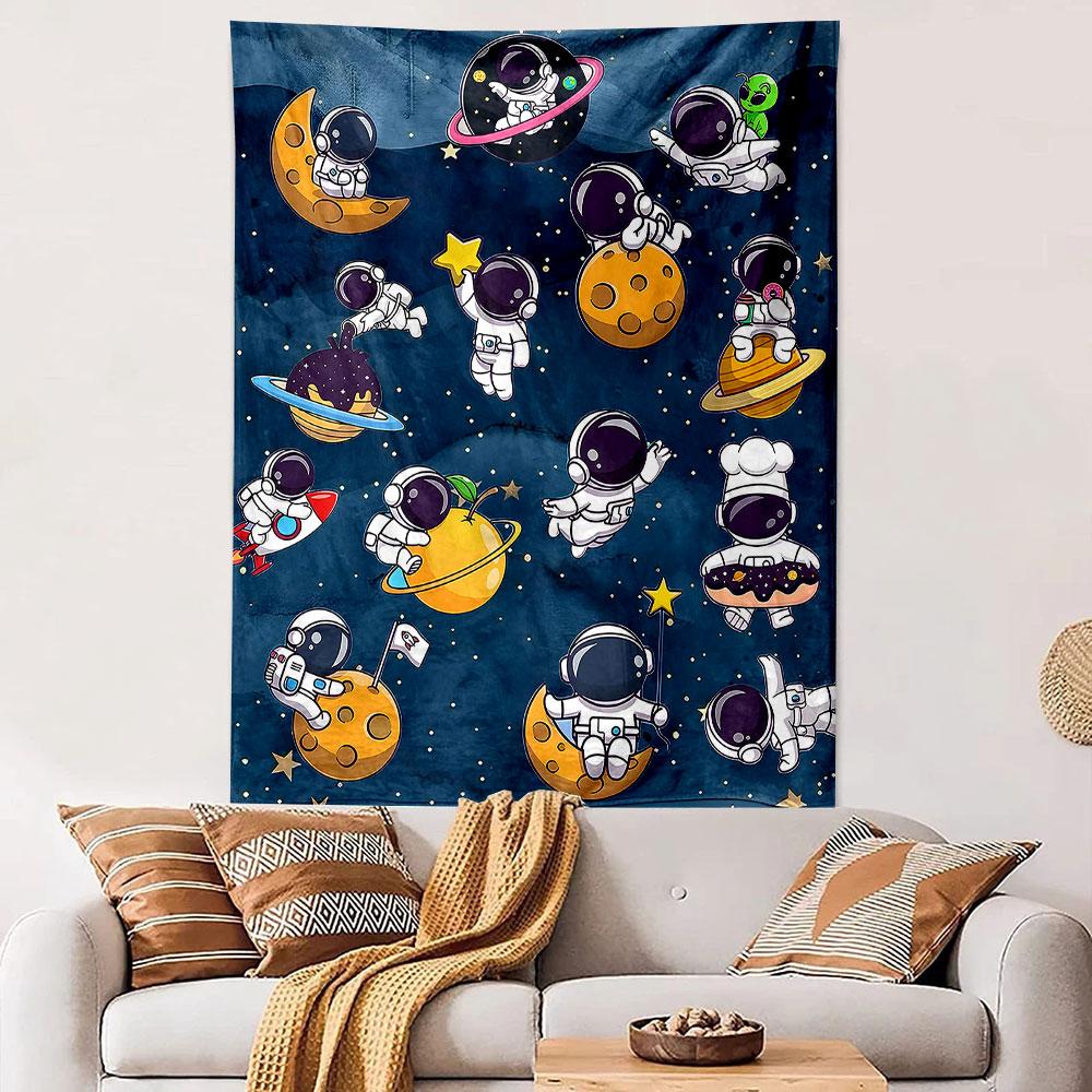 Cute Astronaut Wall Tapestry Cartoon Spacemen Moon Planets Alien Starry Sky Decor for Kids Room Game Room Gift