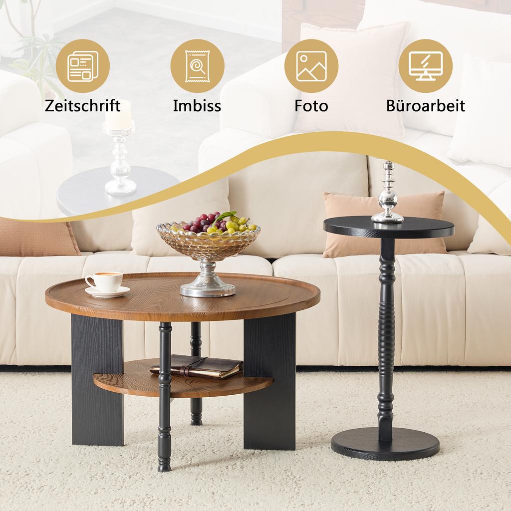 2-Piece Round Coffee Table Set, Wood Fiberboard PVC Vacuum-Press, 80 cm Table with Storage and 38 cm Side Table, Living Room and Bedroom