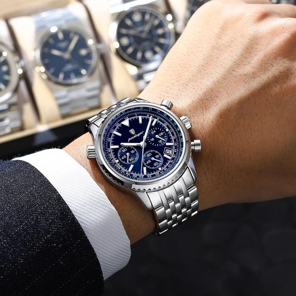 POEDAGAR Top Fashion Men Wristwatch Stainless Steel Waterproof Luminous Quartz Man Clock Date Chronograph Military Men's Watches
