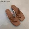Мода SUOJIALUN 2025 Лето Новый Бренд Женские Тапочки Мода Квадратный Низкий Каблук Женские Повседневные Сандалии Обувь Улица Платье Слипоны Вьетнамки