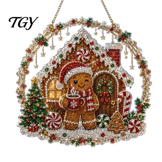 Decorative Acrylic Craft Christmas Faux Diamond Art Suncatcher, 2D Flat Window Hanging Ornament, Ornament Beaded Pattern Holiday Decoration for Home,