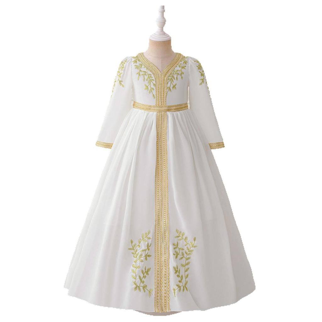 Вечернее платье из шифона с вышивкой и юбкой с лентами для девочек, с длинным рукавом