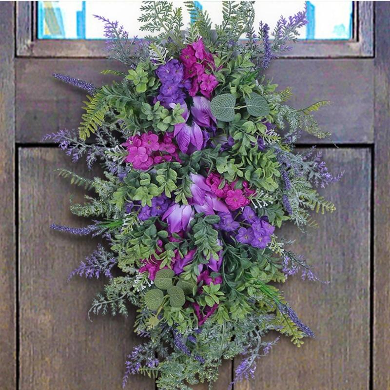 Tulips Wreath for Front Door Spring Artificial Flower Wreath with Hyacinths Hydrangeas Lavenders Wall Hangings Decorations