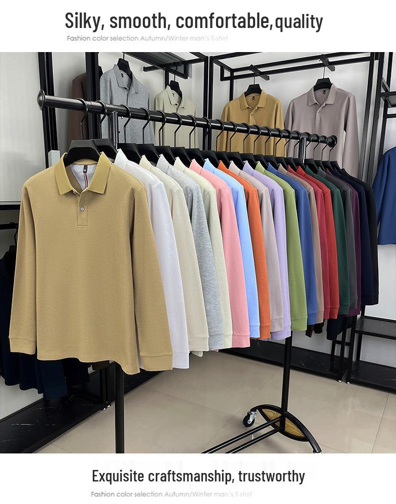 Мужская однотонная хлопковая рубашка-поло - Повседневный топ с длинным рукавом