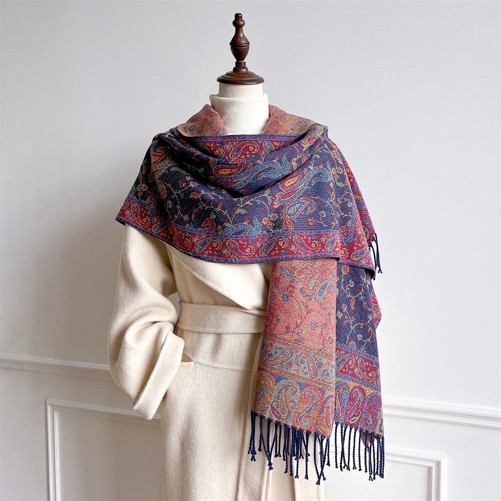 Autumn And Winter Retro Versatile Imitation Core-Spun Yarn High-End Shawl Jacquard Fringed Cashew Flower Thickened Scarf