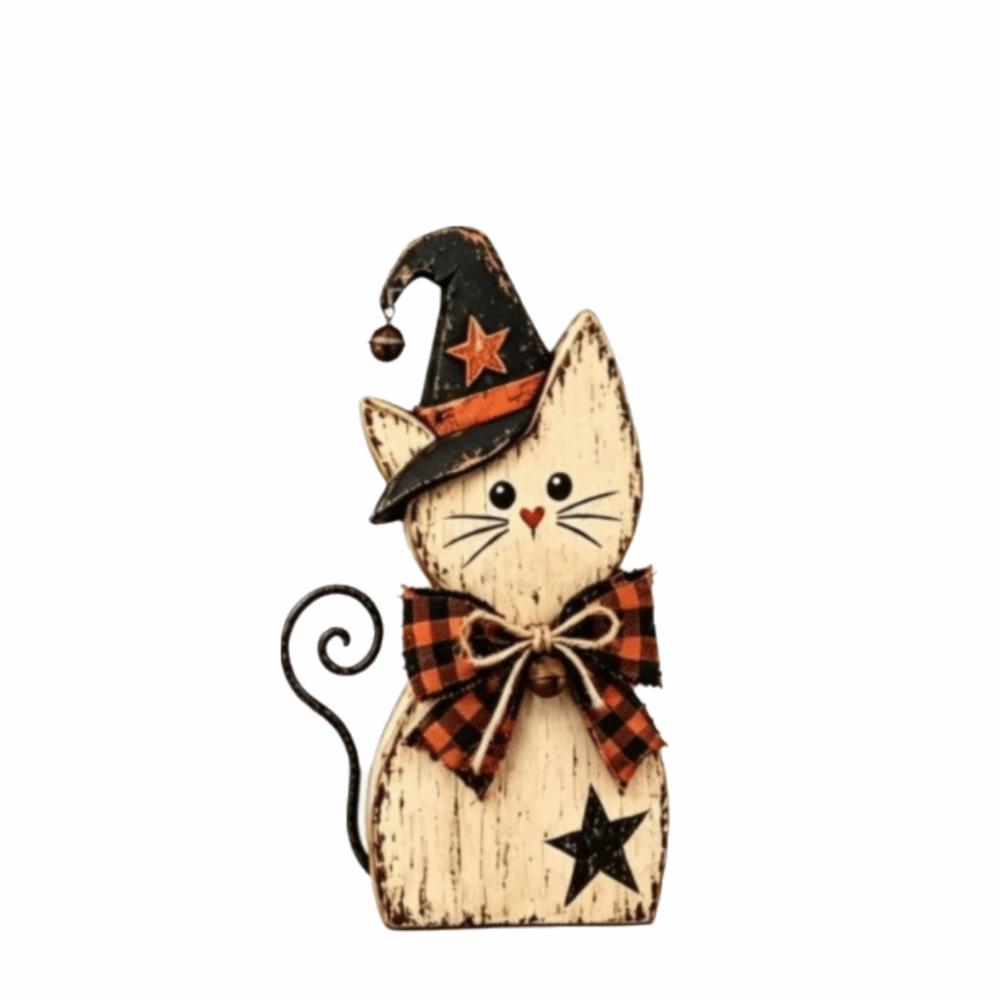 Rustic Witch Cat Decor Double Side Desktop Decoration Wooden Halloween Figurine Indoor Decor