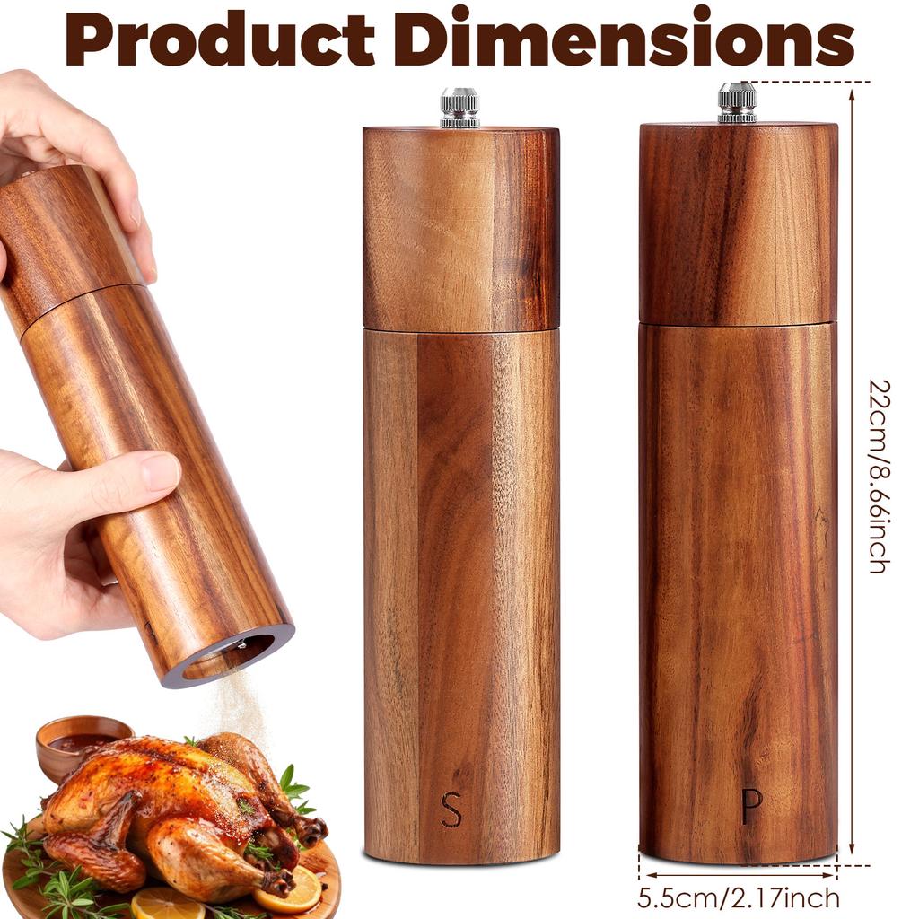 2Pcs Wooden Salt Mill Shaker Ergonomic Adjustable Coarseness Manual Pepper Grinder for Peppercorn Chili Flake Dried Herb