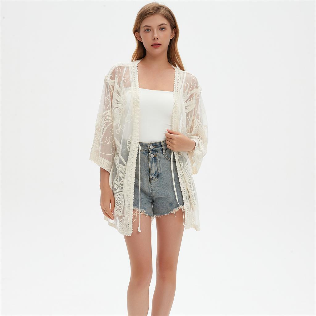 DIMANAF 2025 Лето Женщины Летучая мышь Пляжный кардиган V-образный вырез Футболка Базовый кружевной Новые модные топы кружевные футболки Повседневные свободные футболки