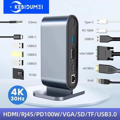 Док-станция USB C 12 в 1 Адаптер Type C к HDMI 4K HD PD 100 Вт VGA RJ45 3,5 мм SD TF USB 3.0 Сплиттер для ноутбука MacBook
