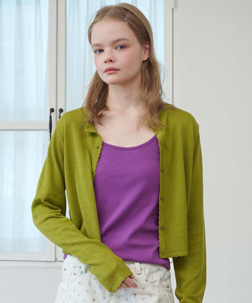 OPENING SUNSHINE Sheer Scallop Linen Cardigan Olive