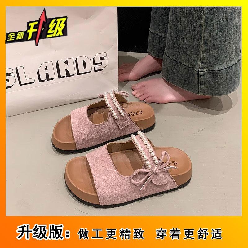 2025 sweet pearl bow flat bottom set toe one-word drag summer new beach wear Birkencool slippers women
