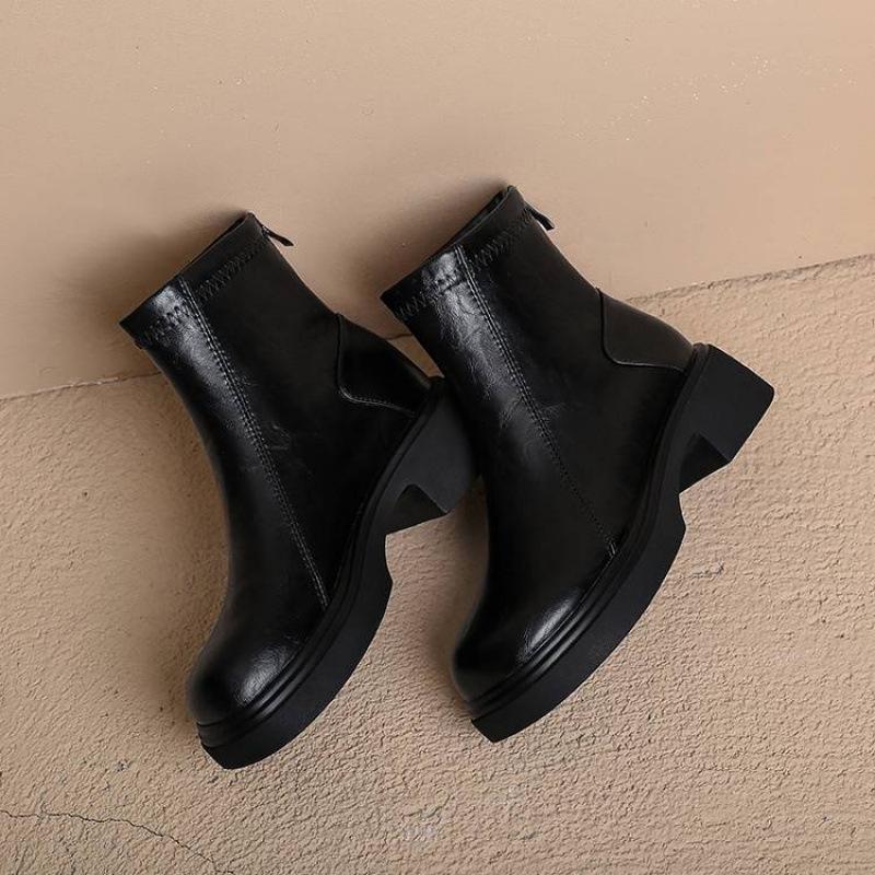 Korean Version of the New Round Head Medium Heel Thick Sole Large Size Medium Boots Women's Solid Color Non-slip Square Heel Zipper Autumn and Wint