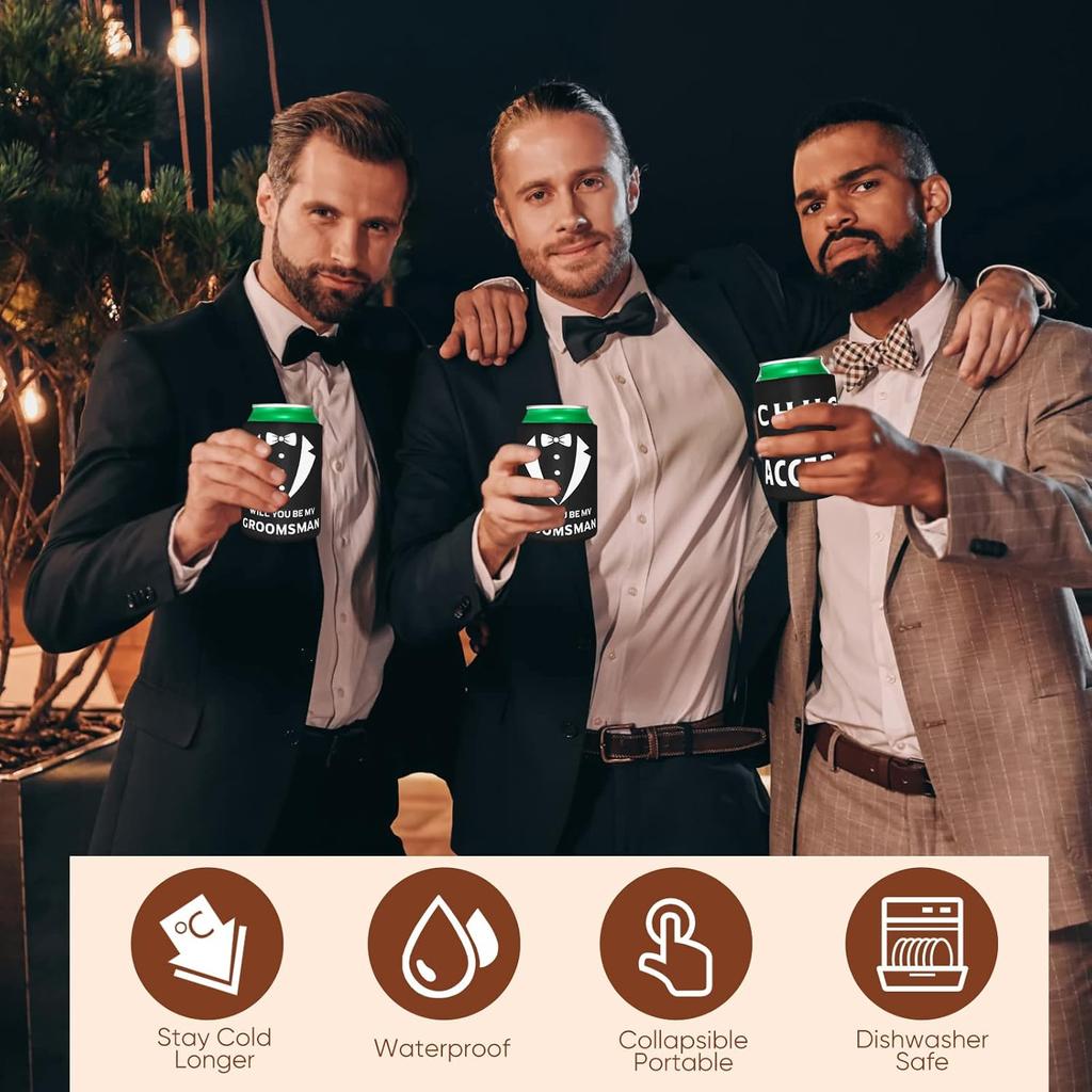 6 Pack Groomsmen Best Man Proposal Can Coolers Bachelor Gifts Groomsmen Gifts Funny Novelty Neoprene Hugger Can Sleeve Favors for Bachelor Party for