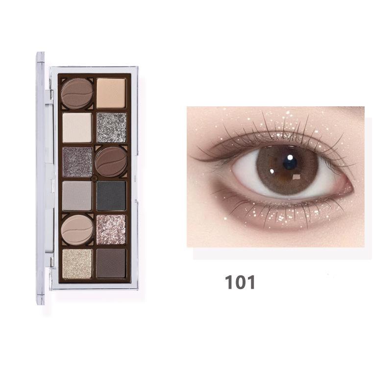 Двенадцатицветная палитра теней для век, стойкий перламутровый матовый мелкий шиммер, контурный макияж землистых тонов.