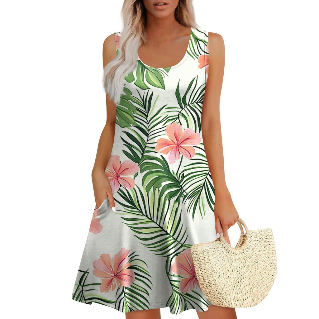 Women's Summer Casual Square Neck Floral Print Sleeveless Dress With Pockets