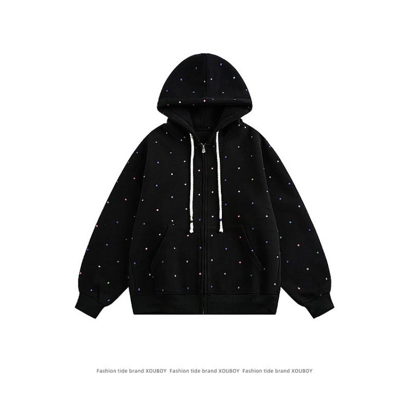 Oversized Polka Dot Hooded Sweatshirt Cardigan Unisex Streetwear Loose Fit Long Sleeve Fall