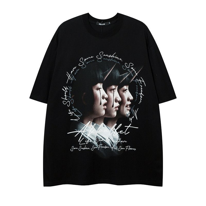 High Street Original Retro Short-sleeved Men's American Trendy Brand Hip-hop Dark Personality Printing Loose Cotton T-shirt