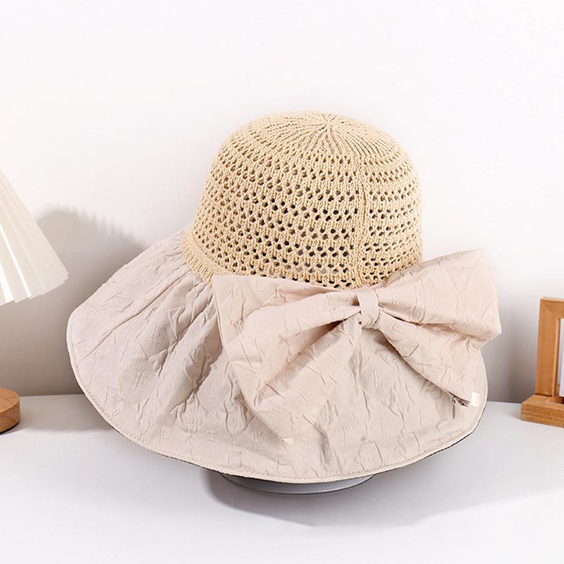 1 шт. Стильная соломенная шляпа с большими полями, солнцезащитный головной убор, ажурная УФ-защита, бант, ручная работа, крючком, солнцезащитная кепка