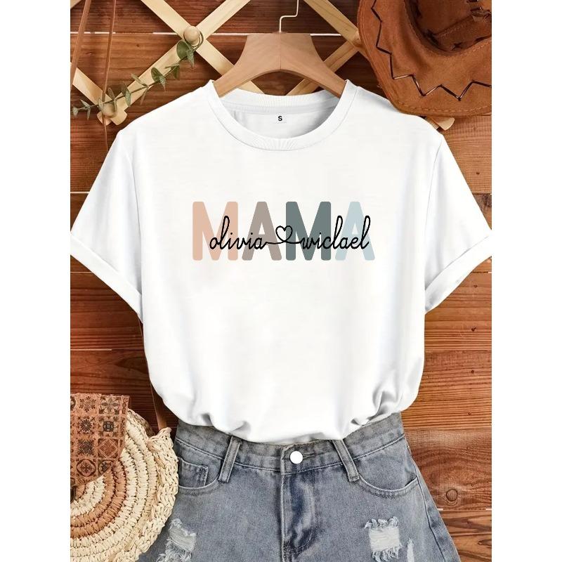 Women Personalized Mama Custom Name Family T-Shirt Round Neck Casual All-Season Mother's Day Gift Keepsake Tee