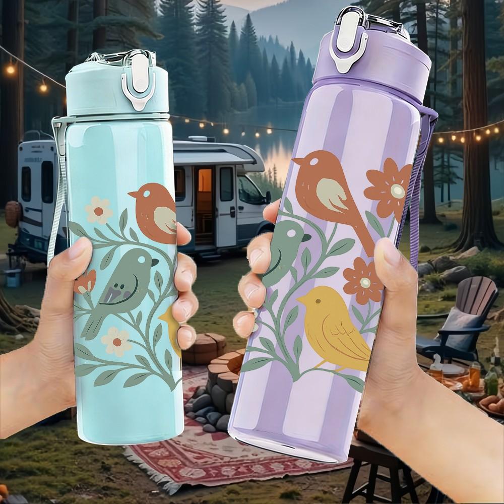 1PC Twin Floral Songbirds 750ml Color Plastic Sports Water Bottle Leakproof Flip Straw Lid Suitable for Sports Office Home Use