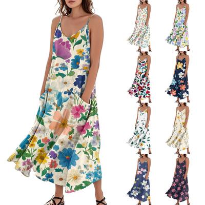 Женское повседневное платье-сарафан с V-образным вырезом, цветочным принтом, без рукавов, с карманом