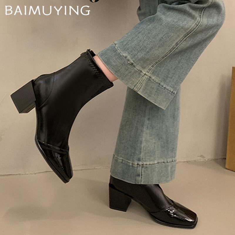 Leather Women Snow Ankle Boots Mid Heels Designer Pumps Square Toe Chunky Fashion Shoes Winter 2026 Trend New Goth Botas Mujer