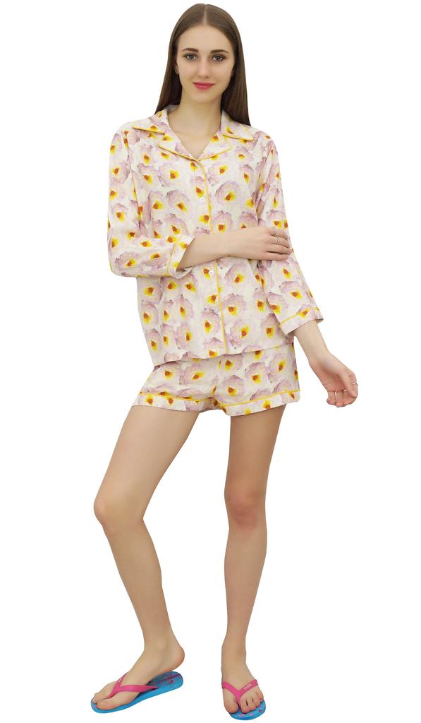 Bimba Off White Button-Down Shirt With Elastic Waist Shorts 2 Pcs Night