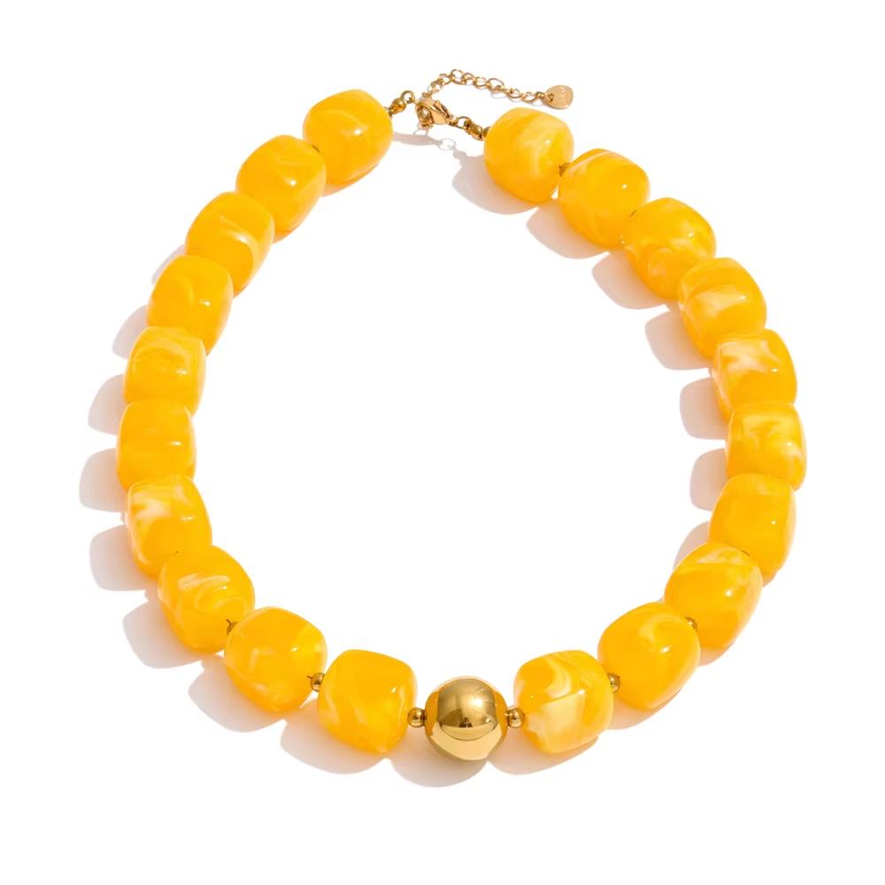 Yhpup Acrylic Square Beads Chain Necklace Bracelet Bangle Stainless Steel Handmade Jewelry Waterproof Green Khaki Pink Amber