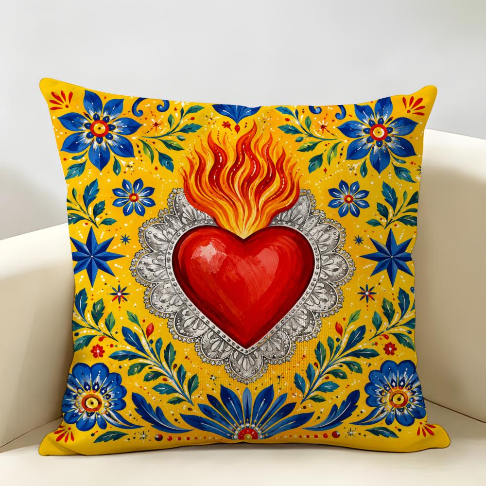 Fashion Art Mexican Milagro Hearts Cushion Cover Durable Hypoallergenic Linen Pillow Cover Short Size Washable SkinFriendly