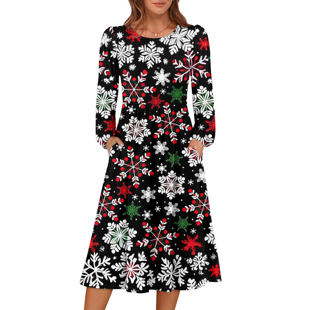 Women's Christmas Printed Fashionable Loose Round-neck Dress