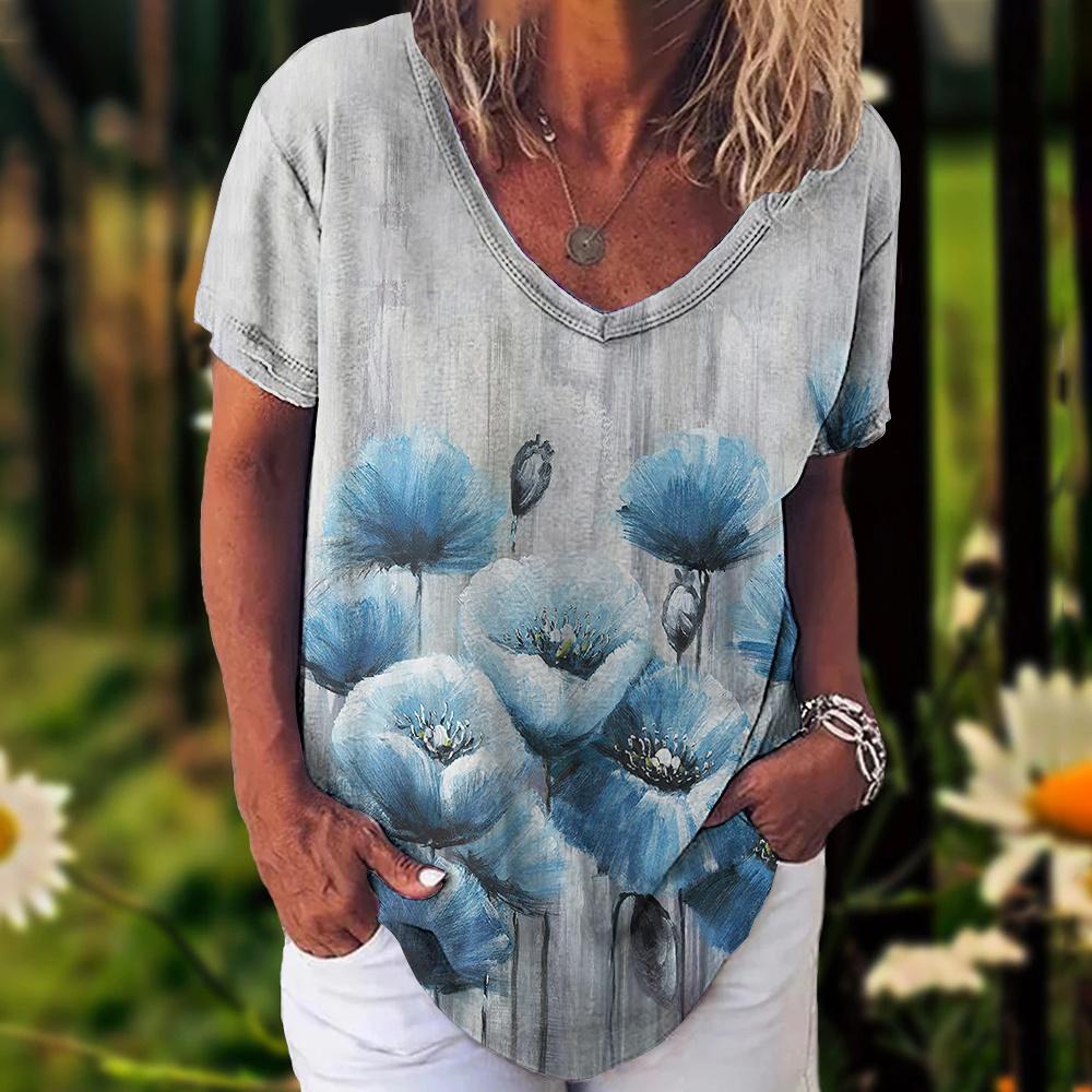 Новинка 2023 года, женская футболка, летние винтажные топы с цветочным принтом, повседневная блузка с v-образным вырезом, модный женский пуловер большого размера, женская одежда