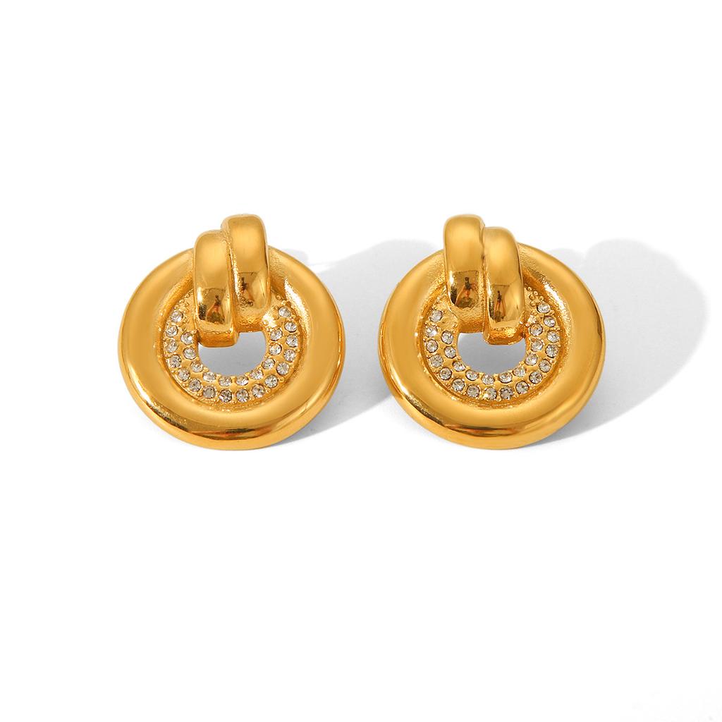 18k Gold Plated Earrings, Stylish Women's Ins Fashion Versatile Diamond-studded Earrings, Titanium Steel Round Jewelry