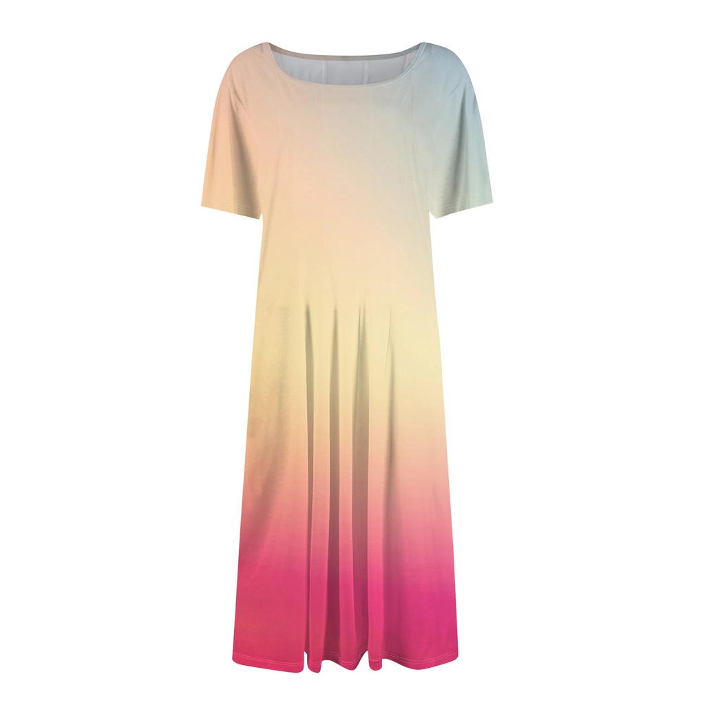 Женское повседневное модное платье с круглым вырезом и коротким рукавом средней длины с градиентом