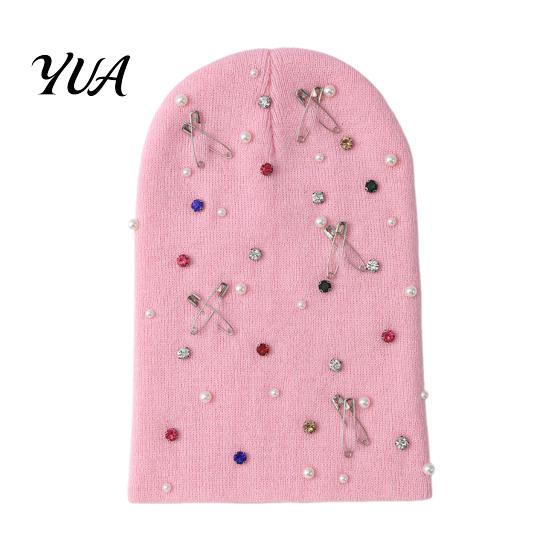 Rhinestone Knitted Hat Colorful Hat, Faux Pearl Safety Pin Punk Knit Stylish Music Festival Bling Winter Warm Hip Hop Cap for Women Street Fashion