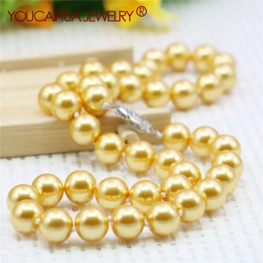 10mm Round Gold Color Pearl Shell Necklace Women Girls Hand Made Jewelry Making Design Fashion Accessory Gifts for Girls Mother