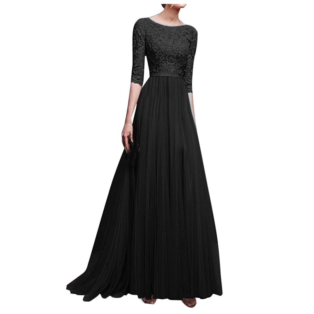 Женское летнее повседневное однотонное вечернее платье трапециевидной формы с круглым вырезом и молнией сзади со средними рукавами и кружевной сеткой