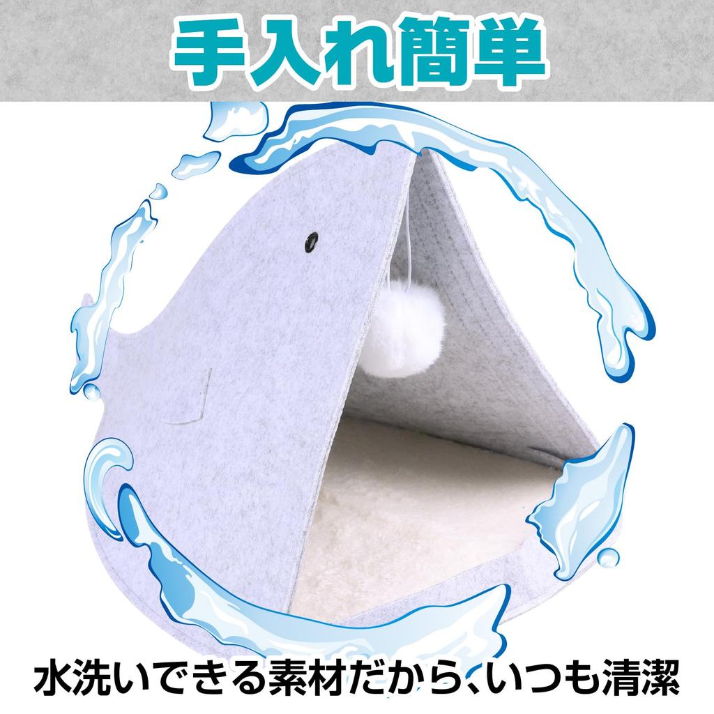 CAWKAY Домик для кошки Дом-акула Складной домик для питомца Спальный мешок для кошки Куполообразный с игрушкой для кошки и подушкой Для помещений Стильный Моющийся (Синий, Стандартный)