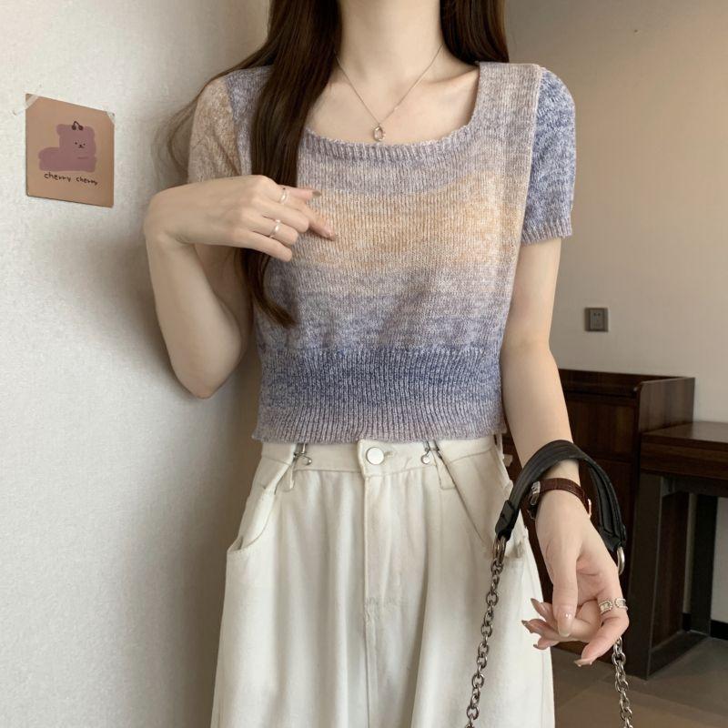 Color Blocked Square Neck Short Sleeved Knitted Sweater for Women In Summer Retro and Niche Short Style Slimming Top
