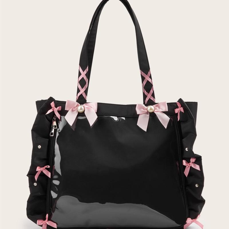 Japanese Ruffled Ribbon Bow Ita Bag Women Sweet Cute Multifunctional Clear Shoulder Purse Ladies Anime Badge Spacious Tote Bag