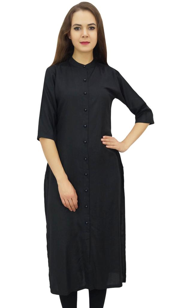 Bimba Черная прямая курта спереди, открывающаяся из искусственного шелка, индийская курти с шарфом -