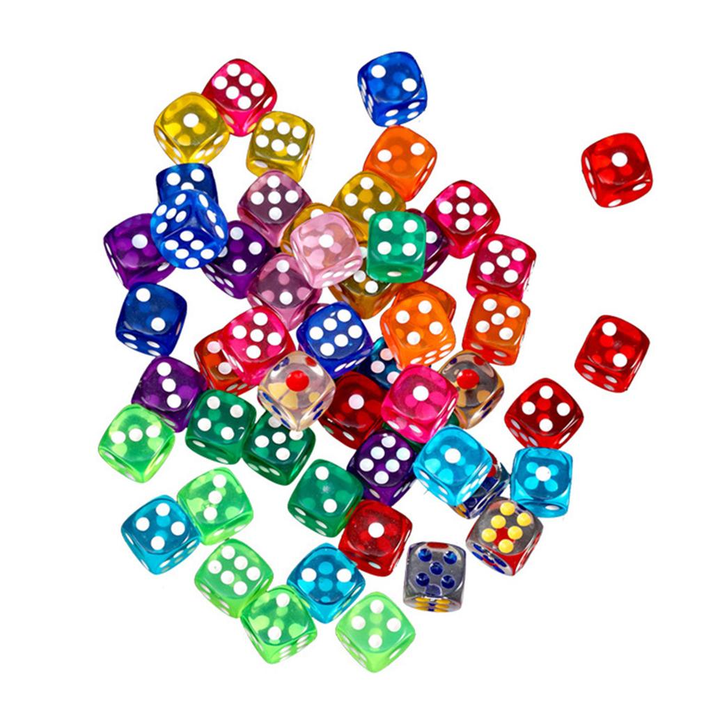 Rounded Corner Six Sided Dices Bulk Pack of 10 Assorted Color 16mm D6 Acrylic Dices Cubes with Number Dots for Kids Use