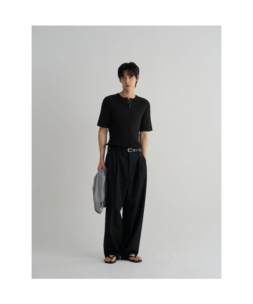 8SECONDS Ribbed Henley Neck Short Sleeve Knit Black