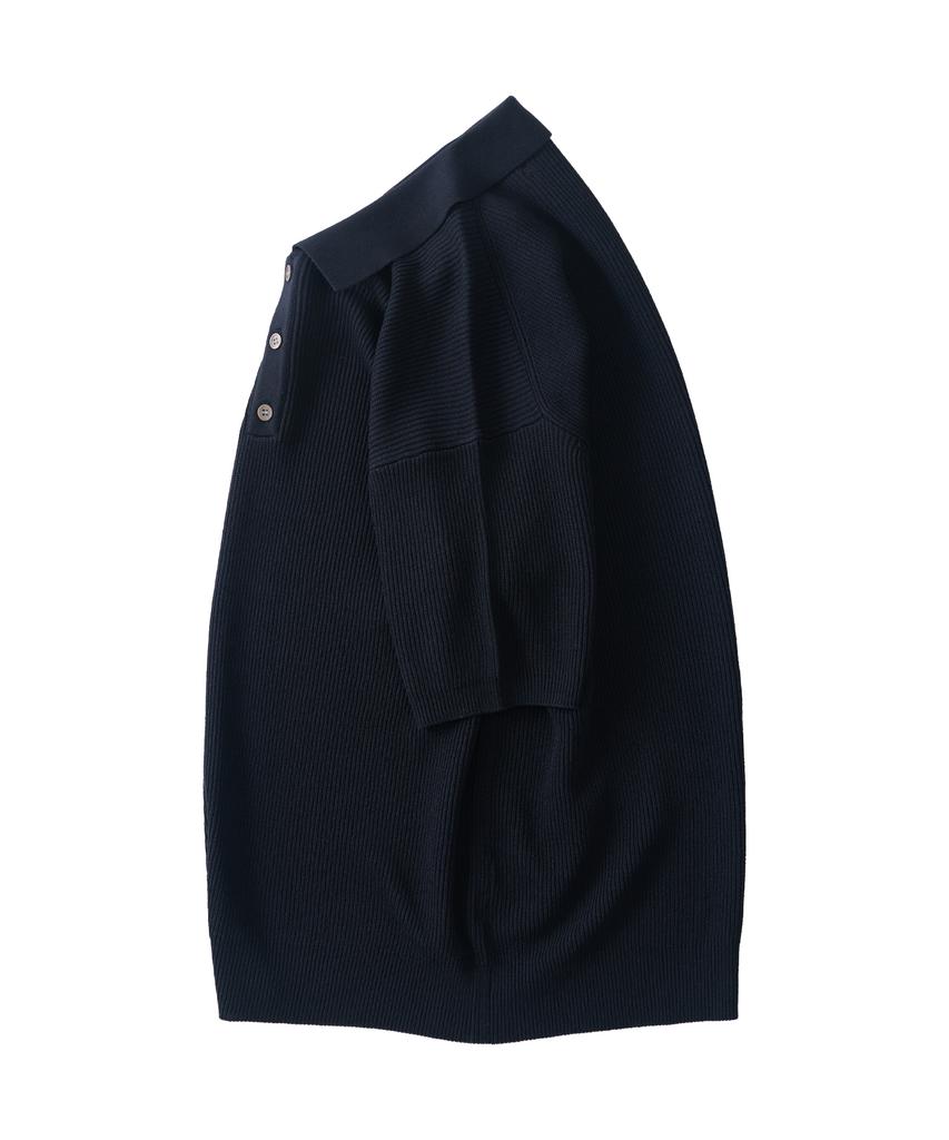 ANALOG MOOD Hacci Button-Up Collar Short Sleeve Knit (Navy)