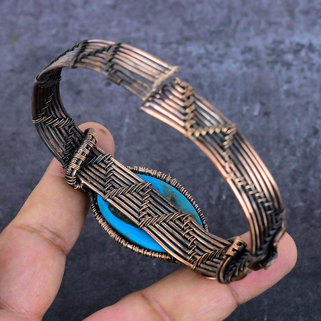 Браслет-манжета из натуральной аризонской бирюзы Gesmtone Copper Wire Wrap, регулируемый v0l18