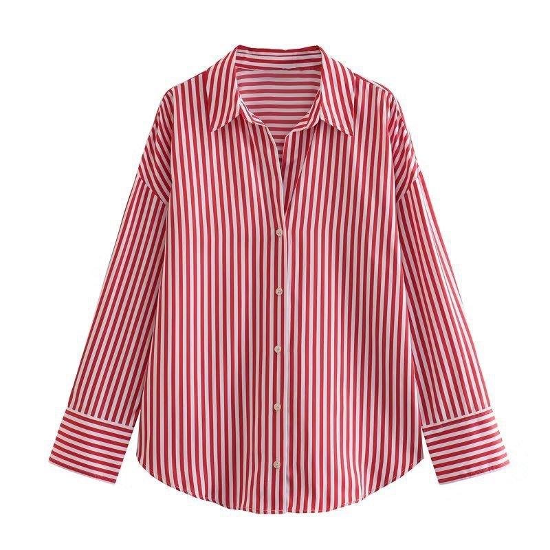 Spring Autumn Women's Striped Collar Shirts Long Sleeve Button-up Loose Female Blouses Tops