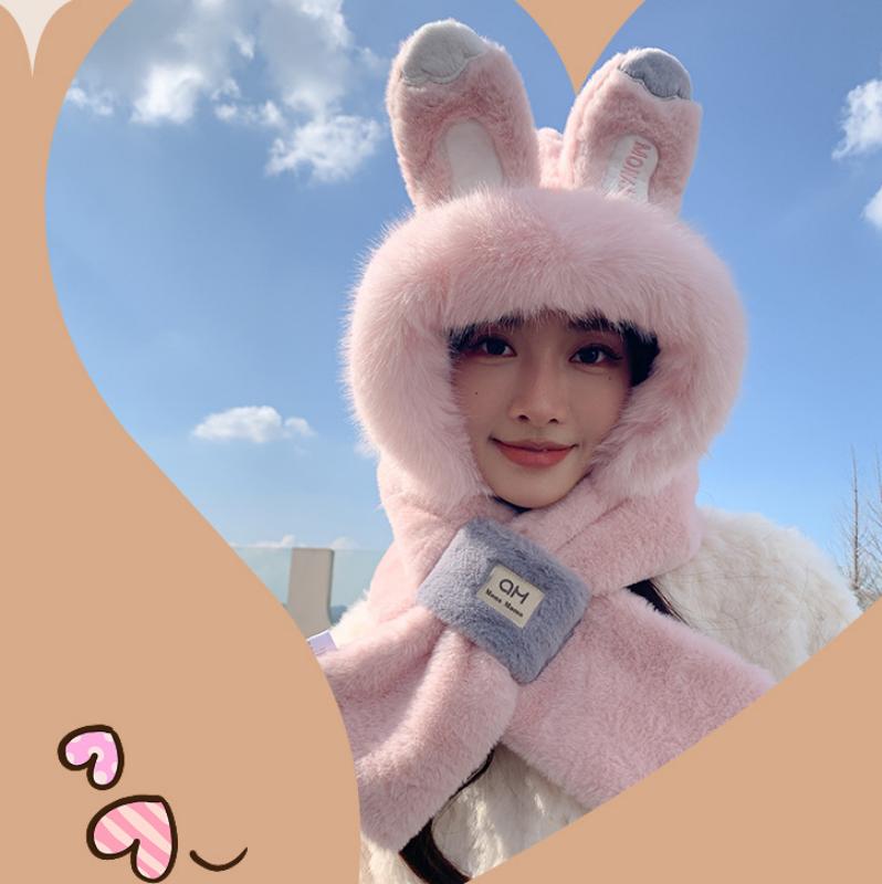 Зимняя симпатичная шапка с шарфом, встроенная шапка, женская утолщенная шапка, зимняя симпатичная плюшевая меховая шапка с шарфом, комплект из двух предметов, теплая ветрозащитная шапка