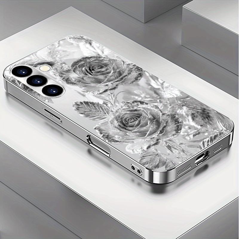 Позолоченный чехол для телефона из закаленного стекла, совместимый с Galaxy S26 S25 S24 S23 S22 Ultra Plus. Имеет дизайн с серебряной розой.
