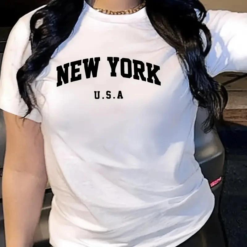 Забавный модный принт New York Letter, повседневная женская футболка с коротким рукавом, базовая одежда для весны с круглым воротником