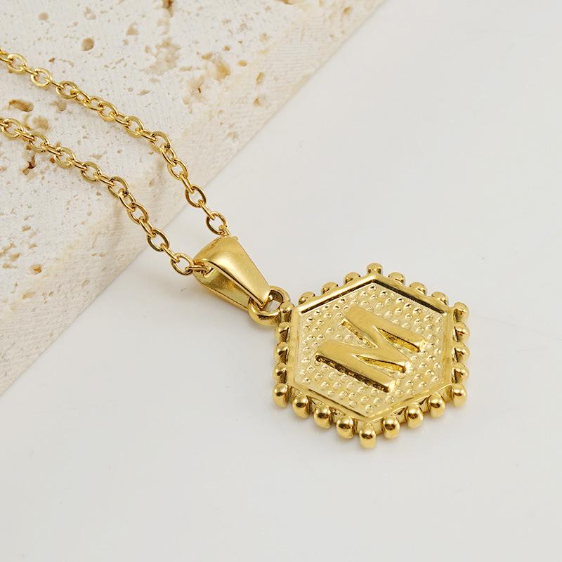 New Fashion Titanium Steel Hexagonal Letter Pendant Stainless Steel 26 English Letter Necklace Female