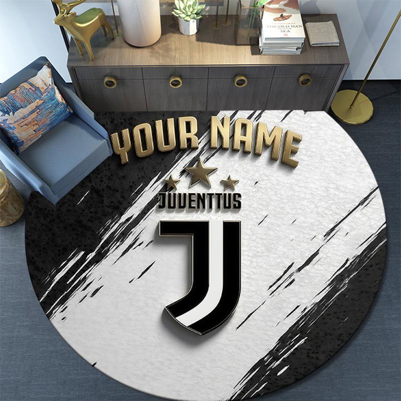 Custom Name Juventus Football Club Round Area Rug,Carpet Rug for Living Room Bedroom Sofa Playroom Decor,Non-slip Floor Mat